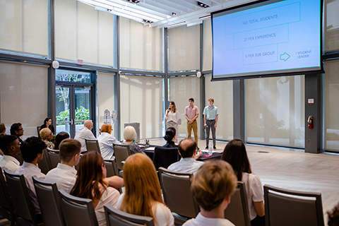 Students presenting their work in front of a panel